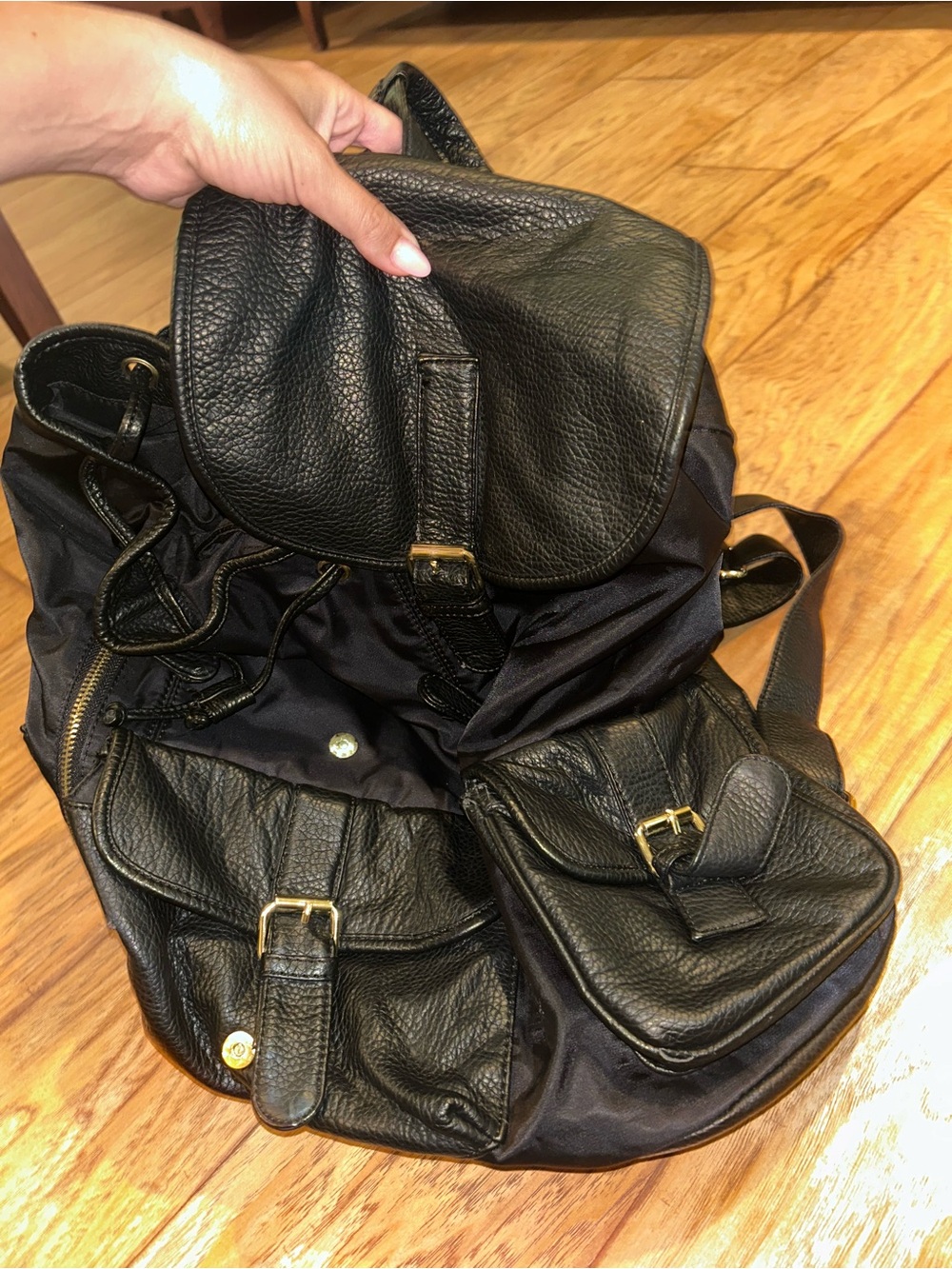 Black Leather-Trim Backpack with Front Pockets